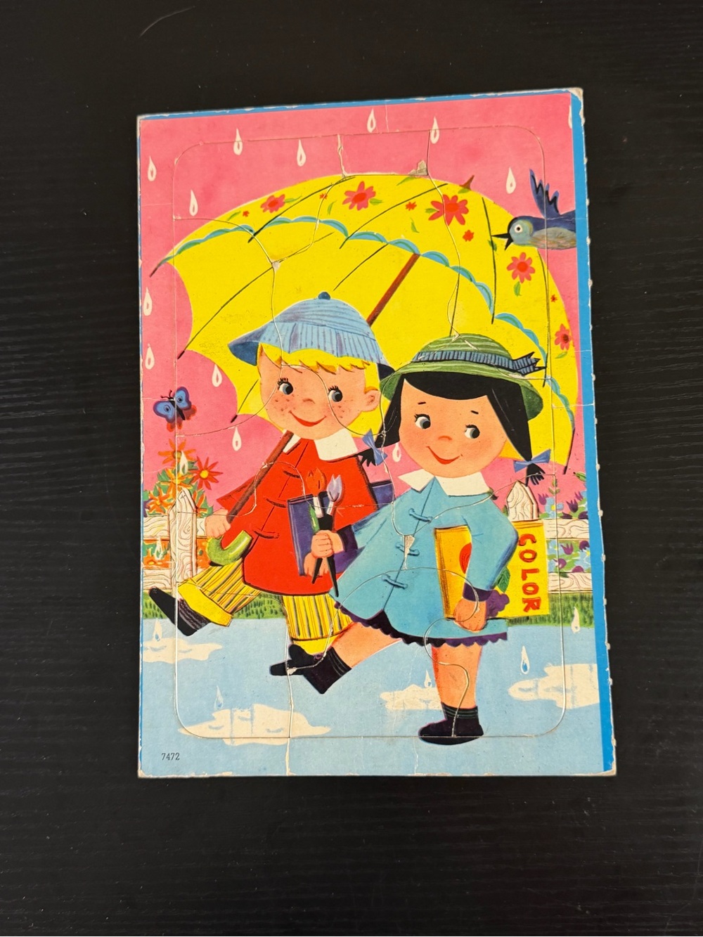 Vintage 1960s Kids Rainy Day Tray Puzzle No 7472 Umbrella School Children